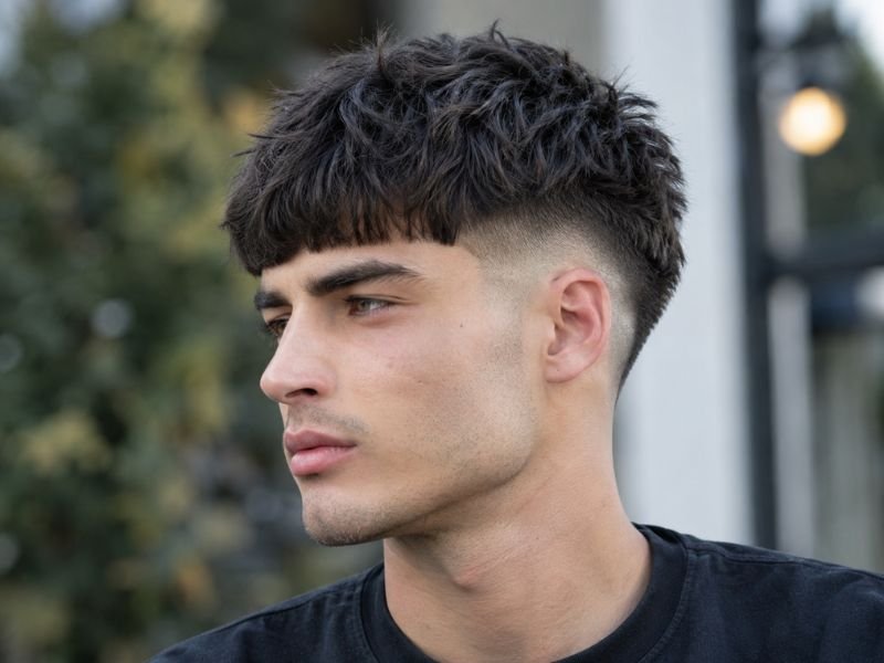 Textured French crop burst fade with choppy fringe