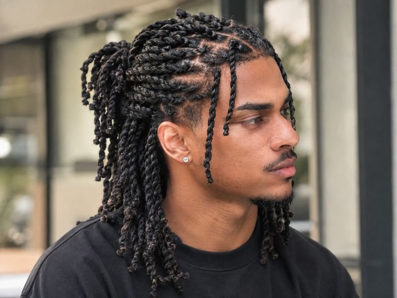 Two strand twist men long hair style pulled back