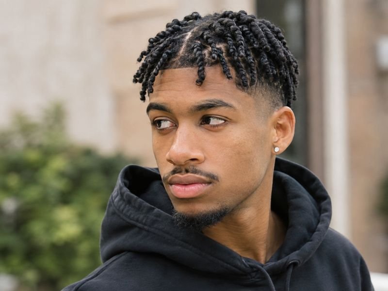 Two strand twist short hair style paired with a fade
