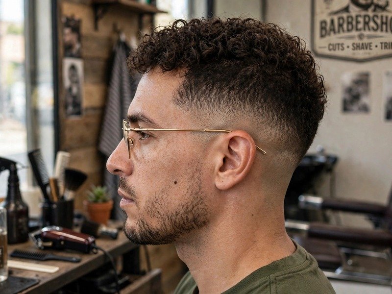 Man with a haircut for men with curly hair and glasses showing a curly taper fade