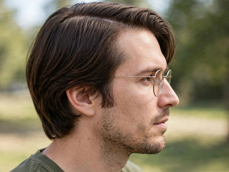 Man with a haircut for men with big ears and glasses, medium sides and textured top