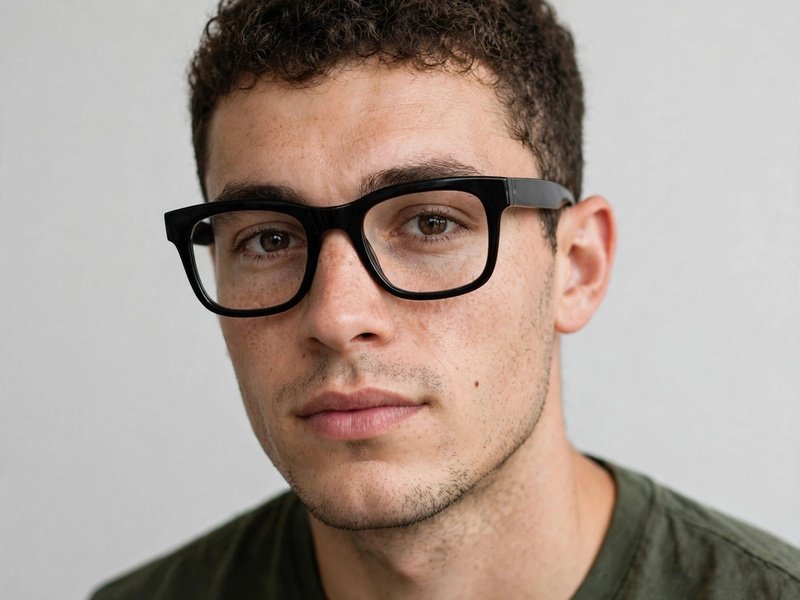 Man with a haircut for men with curly hair and glasses wearing thin frames and medium layered curls