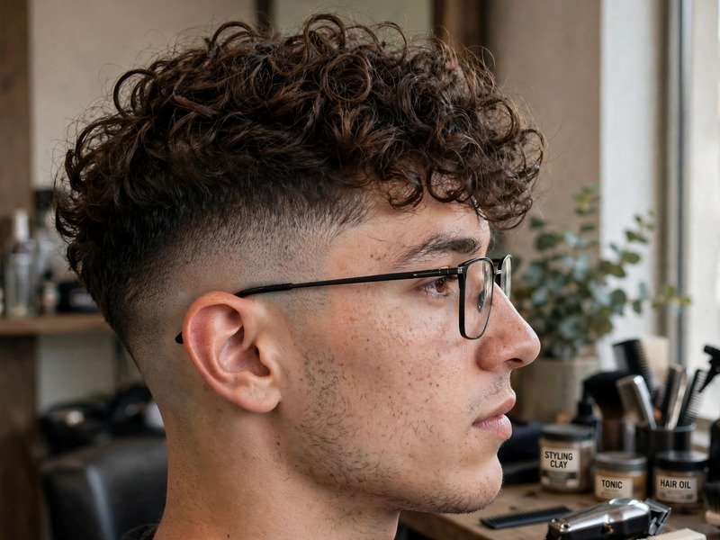 Man with curly hair and glasses styling his curls with curl cream in a mirror