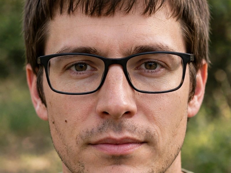 Man wearing glasses with a neat haircut and flat hair behind the temple arms