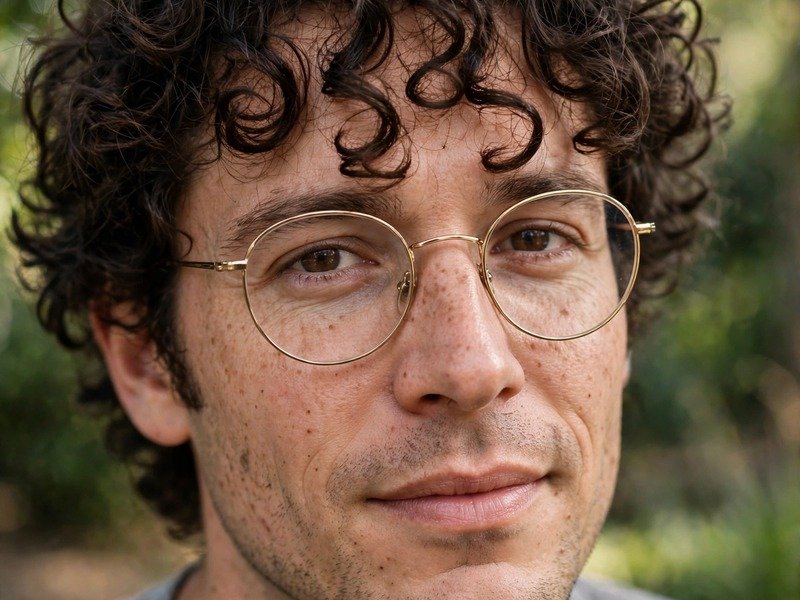 Man with curly hair and glasses talking to a barber about a haircut in a barbershop