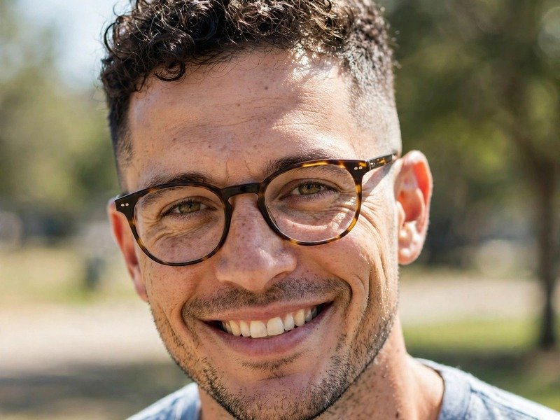 Man with curly hair and glasses showing grown-out sides pushing glasses outward