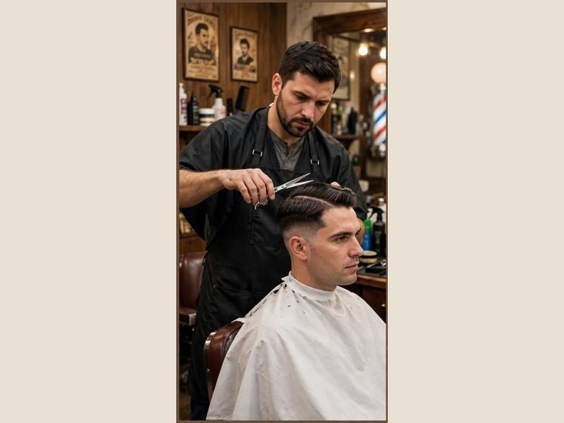 Barber shaping old money haircut with scissors