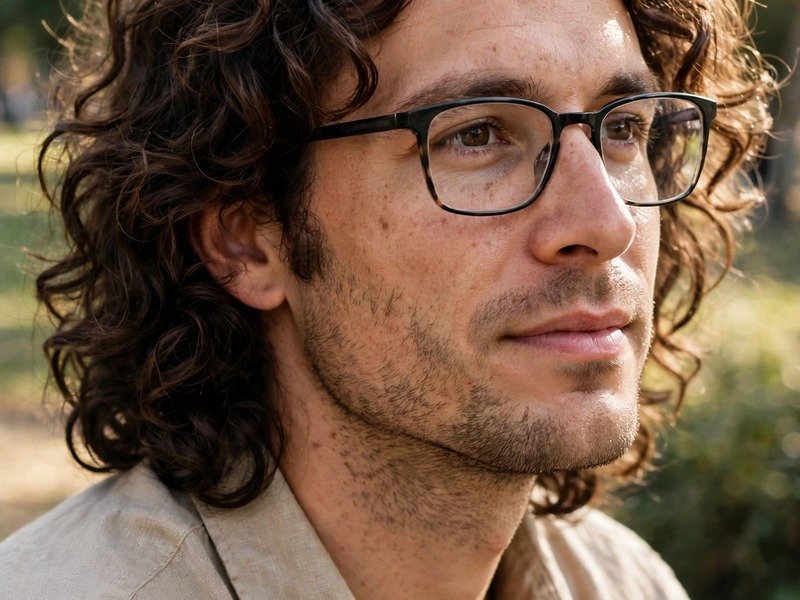 Man with curly hair and glasses showing long curls with layers and neat temples