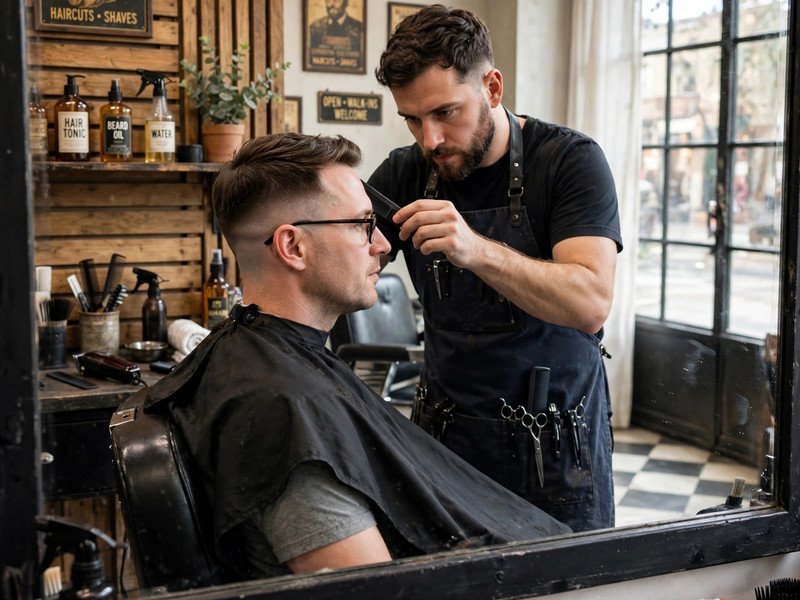 Man with a balanced haircut and glasses, soft side coverage and neat temples