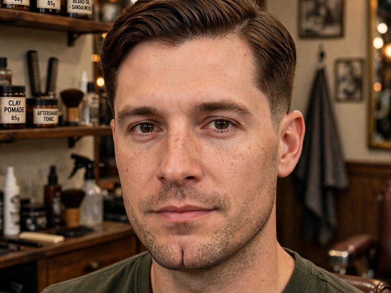 Man with cleft chin and classic side part haircut in a barbershop