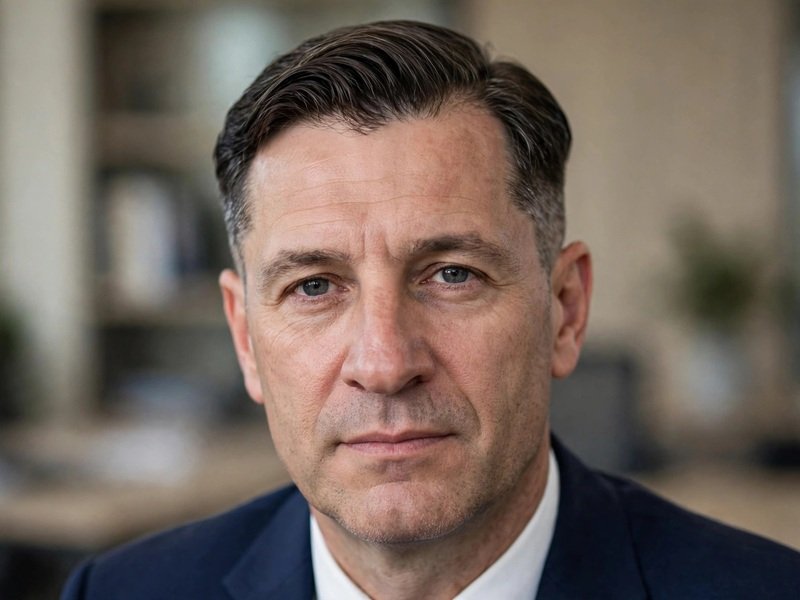 Classic Side Part Haircut for a Man With a Big Nose: office portrait of a real man with an off-center part and low taper