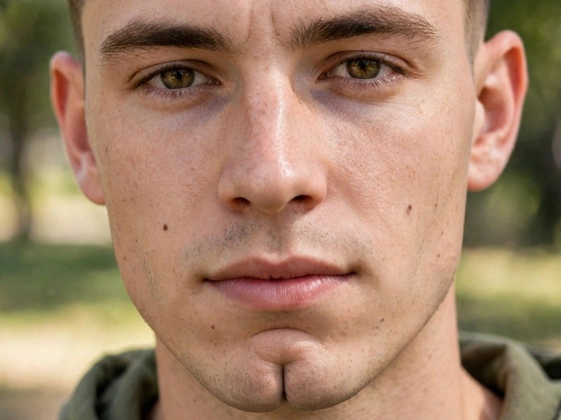 Man with cleft chin and French crop haircut outdoors