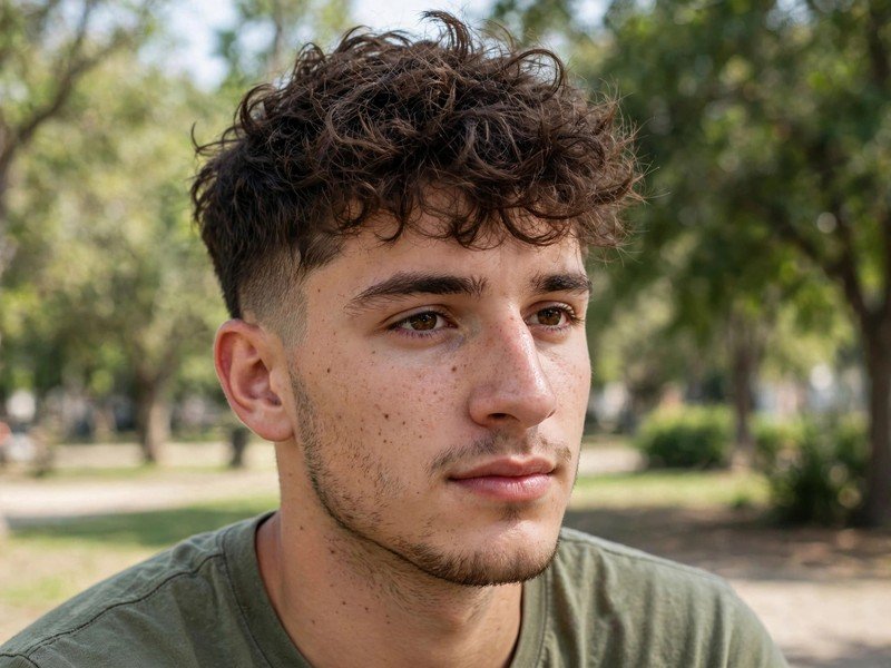 Messy Curly Haircut for a Man With a Prominent Nose: real young man with shaped curls on top and tapered sides