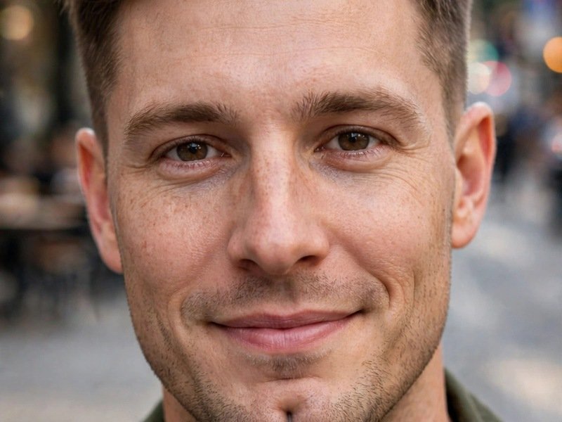 Man with cleft chin and textured quiff haircut on a city street