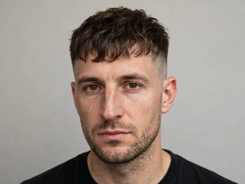 French Crop With Textured Fringe for a Big Nose: real man with forward fringe and faded sides on a neutral background