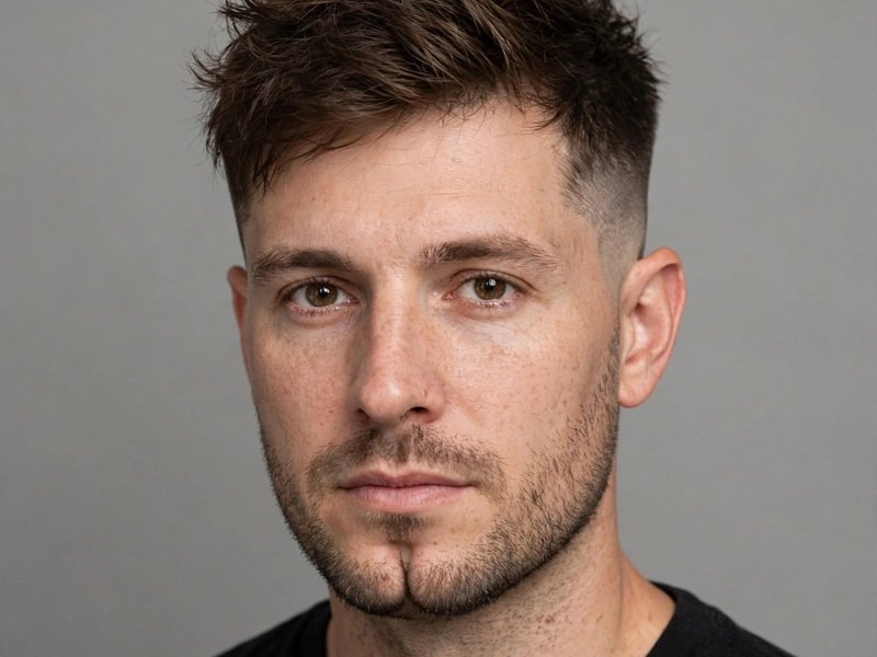 Man with cleft chin and low taper fade haircut, studio portrait
