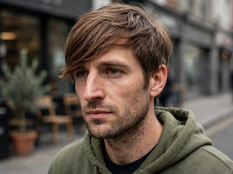 Side-Swept Fringe Haircut for a Man With a Big Nose: real man with a diagonal fringe falling across the forehead