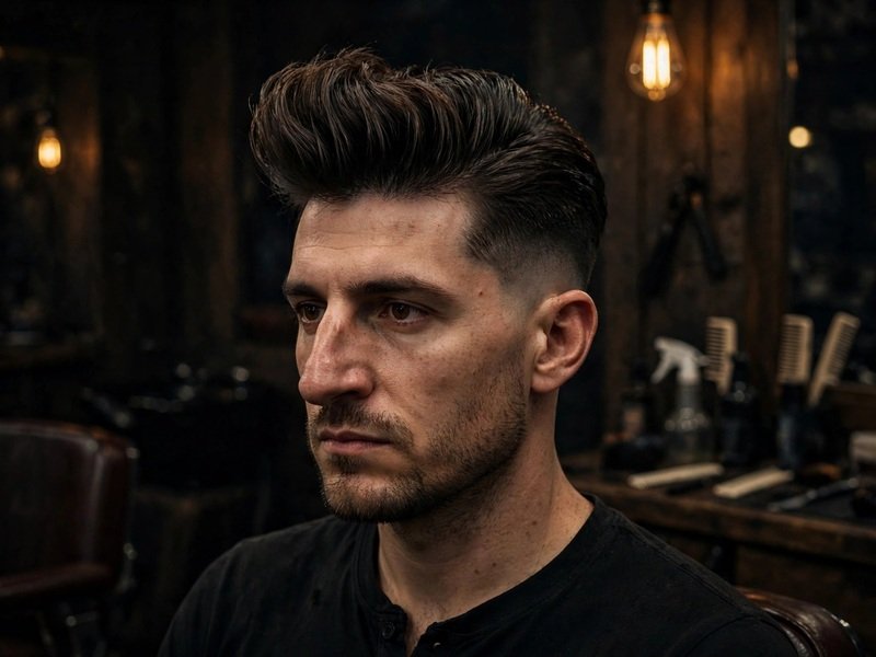 Slicked-Back Undercut With Volume for a Prominent Nose: real man with lifted roots and short sides under moody light