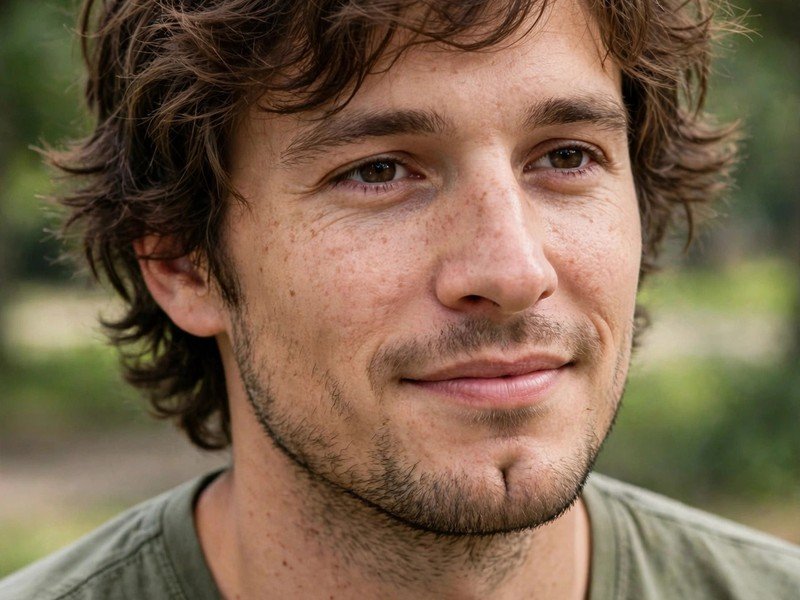 Man with cleft chin and messy medium-length haircut outdoors