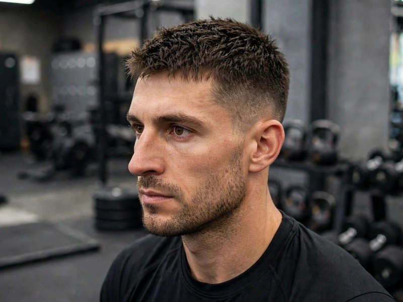 Textured Crew Cut for a Man With a Big Nose: real athletic man with a short scissor-textured top and tapered sides