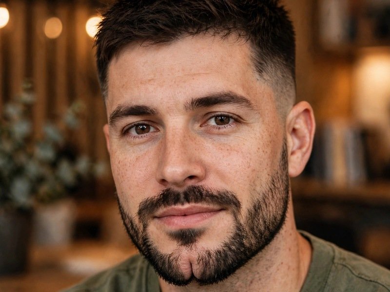 Man with cleft chin and short boxed beard haircut