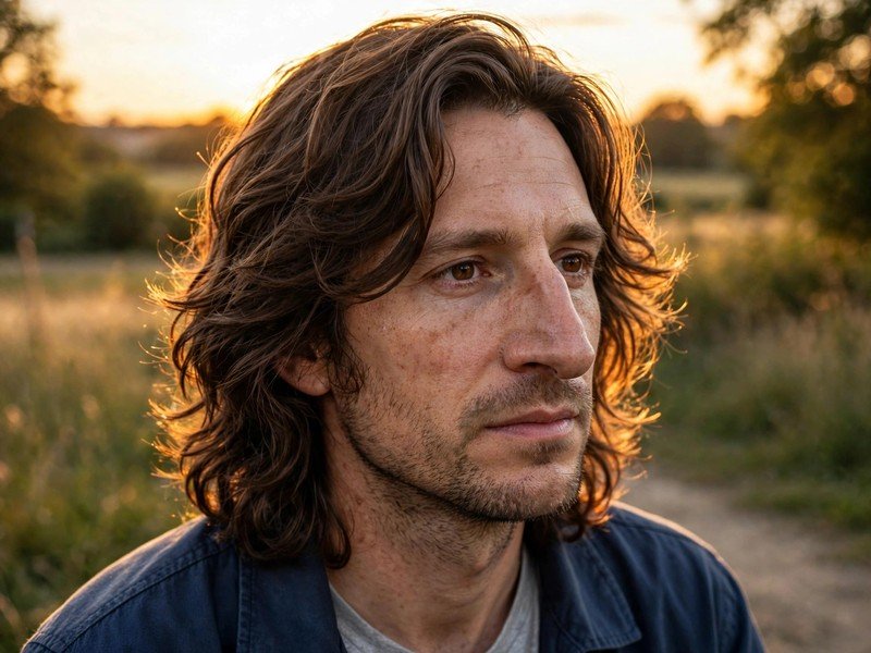 Medium-Length Wavy Haircut for a Man With a Big Nose: real man with layered collar-length waves and an off-center part