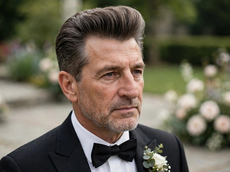 Classic Pompadour Haircut for a Man With a Prominent Nose: real mature man with front height and neat sides in formal wear
