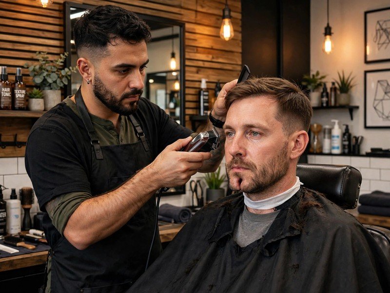 Barber trimming haircut of man with cleft chin in a barbershop