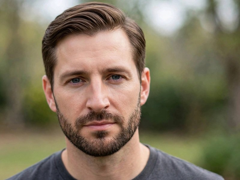 Side Part Haircut With Short Boxed Beard for a Big Nose: real man with an off-center part and a neat short beard