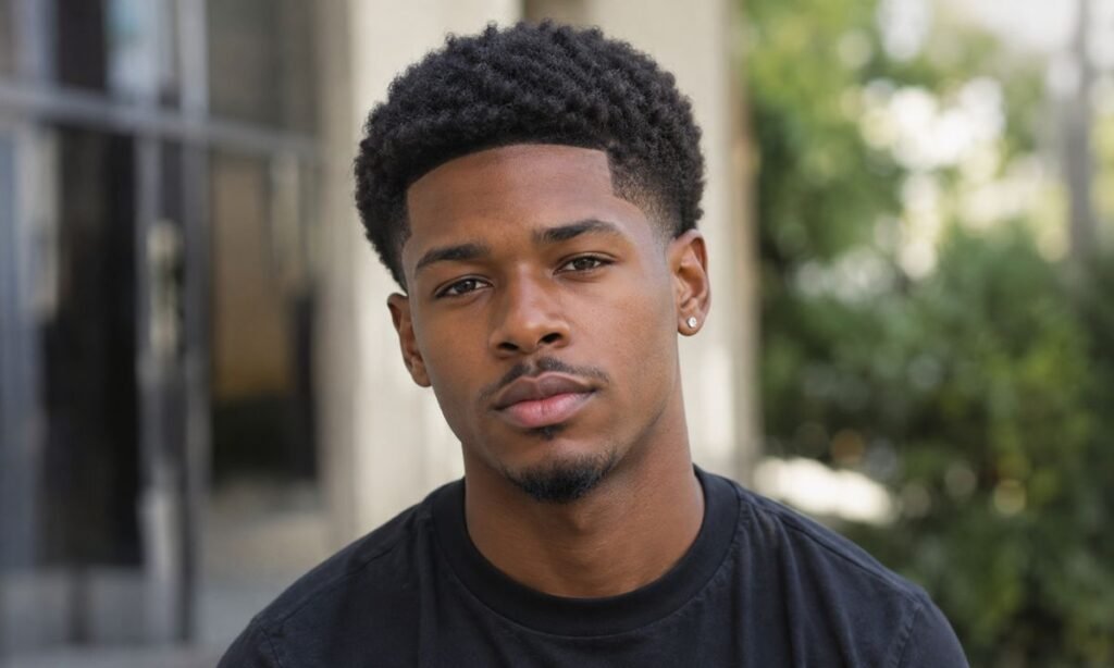 Black man with a low taper fade black male haircut and short afro