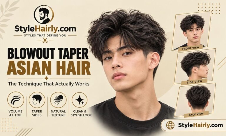 Blowout taper Asian hair style shown from the front with lifted volume on top