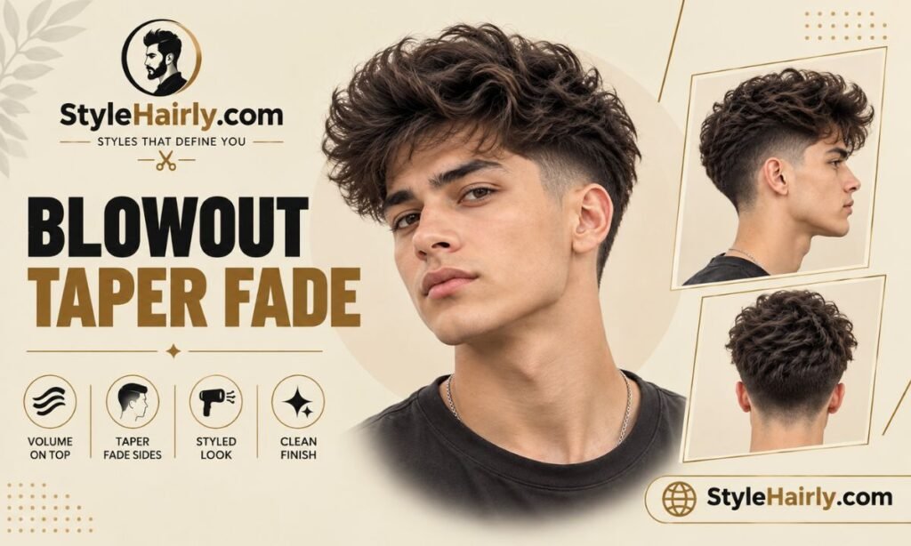 Blowout taper fade haircut shown from the front with lifted volume and a skin fade