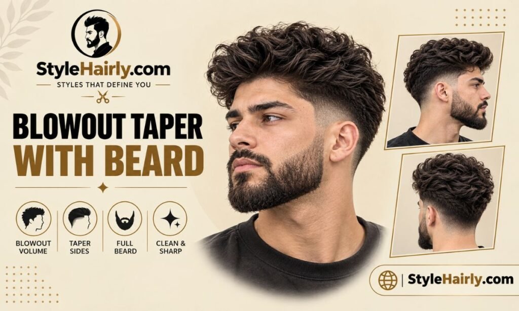 Blowout taper haircut blended into a full beard with a clean cheek line