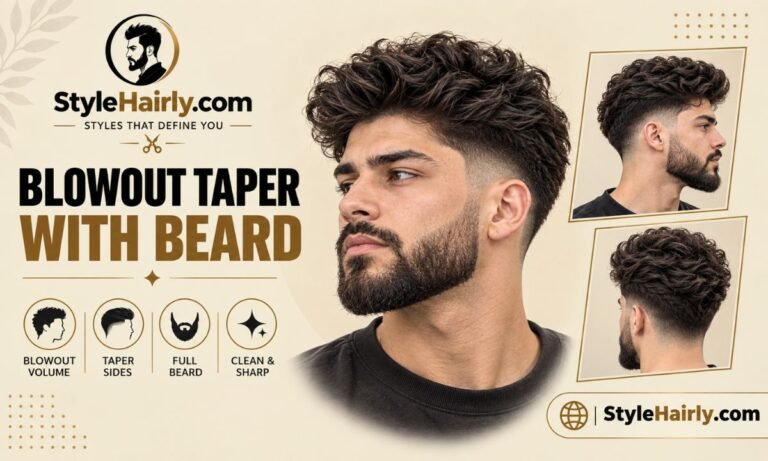 Blowout taper haircut blended into a full beard with a clean cheek line