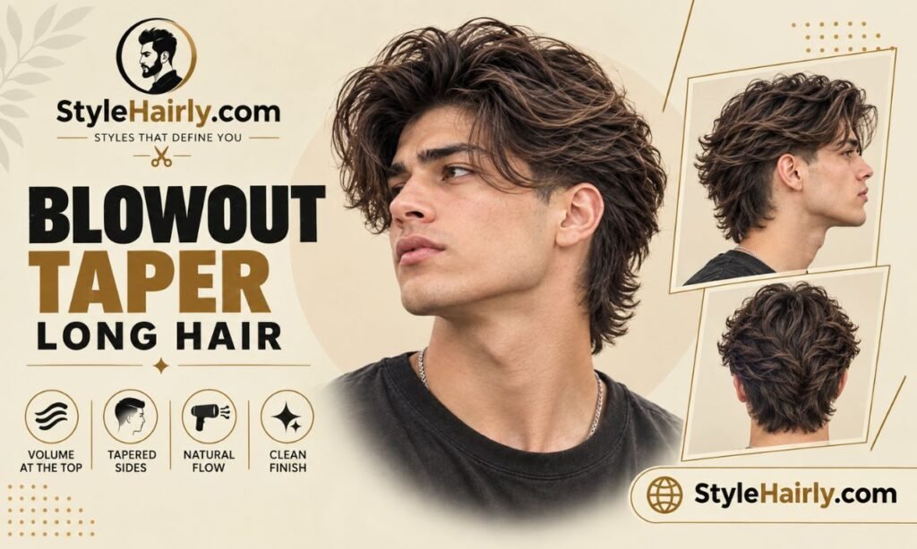 Blowout taper haircut with long, flowing hair on top and tapered sides