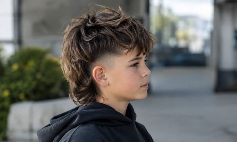 Boy with a modern kids mullet haircut and tapered sides