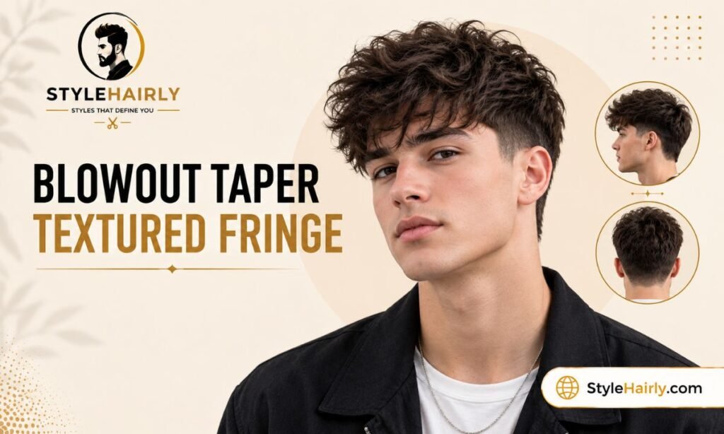 Front view of a blowout taper textured fringe with a lifted crown