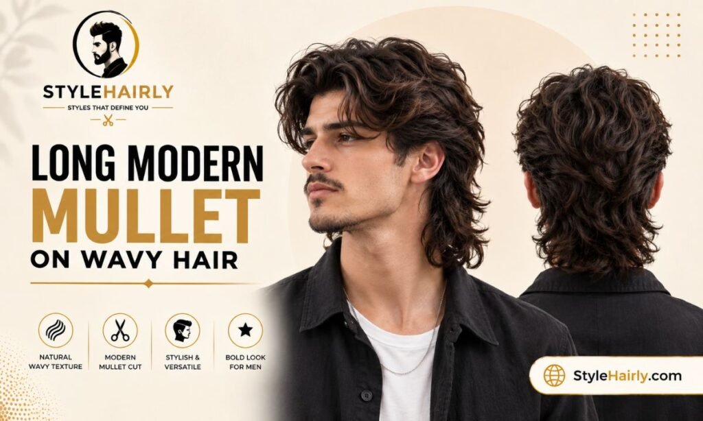 Long modern mullet haircut shown from front and back