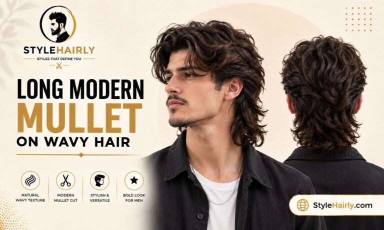 Long modern mullet haircut shown from front and back