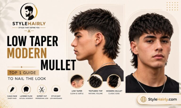 Low taper modern mullet haircut viewed from front and side