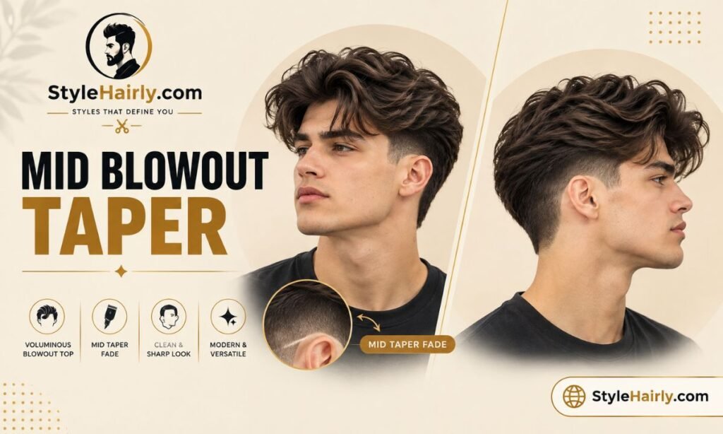 Man with a mid blowout taper haircut showing the fade height and volume on top