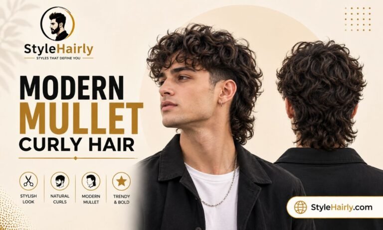 Man with a modern mullet curly hairstyle showing front and back view