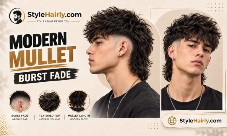 Modern mullet burst fade with curved fade line around the ear