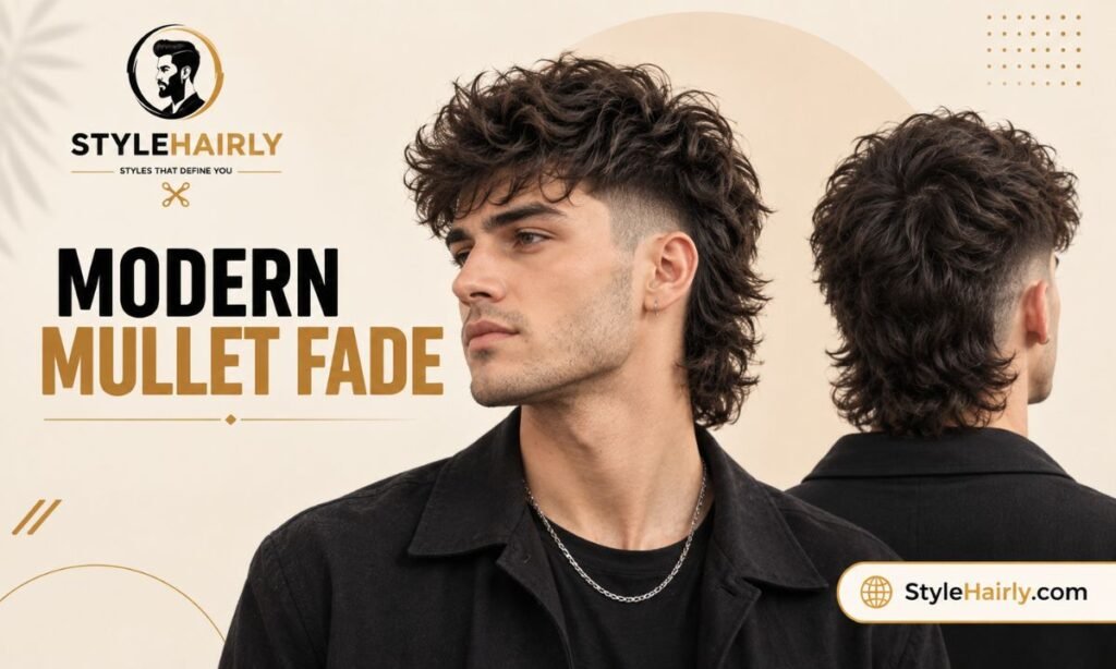 Modern mullet fade haircut shown from front and back angles