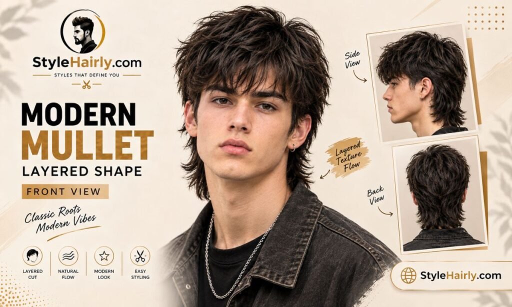 Modern mullet haircut styled on straight hair from the front