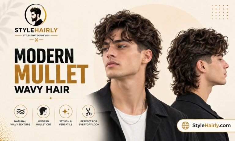 Modern mullet haircut with wavy hair texture on top and back