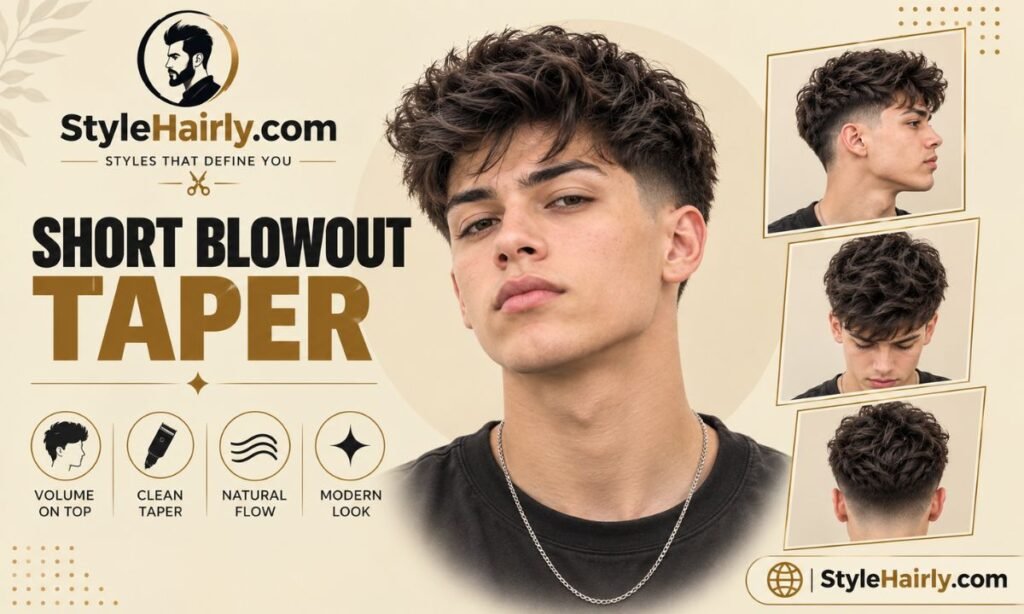 Short blowout taper haircut front view on a male model