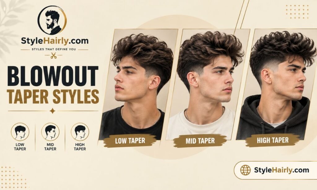 Side by side comparison of low, mid, and high blowout taper haircuts