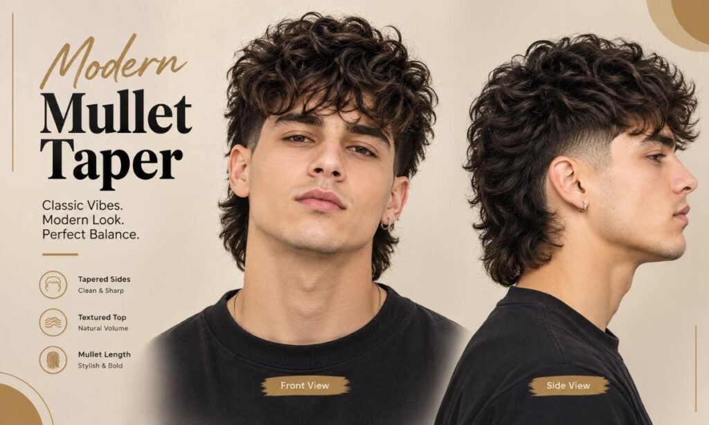 modern mullet taper haircut shown from the front and side