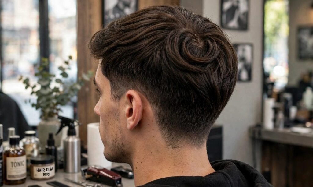 Haircut for men with double crown medium taper